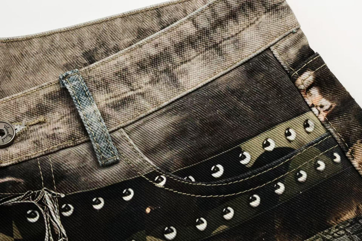 Unisex Patchwork Distressed Chain Graphic Baggy Wide Leg Jeans