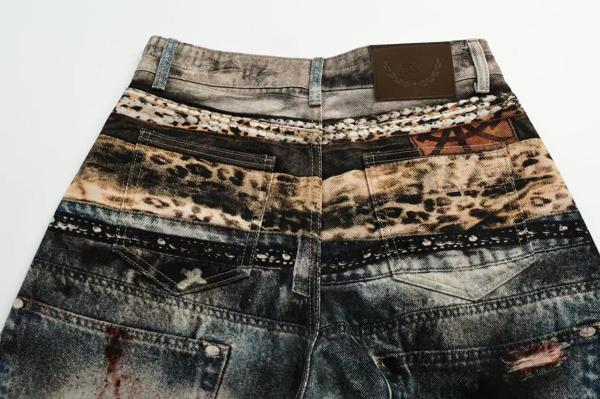 Unisex Patchwork Distressed Chain Graphic Baggy Wide Leg Jeans