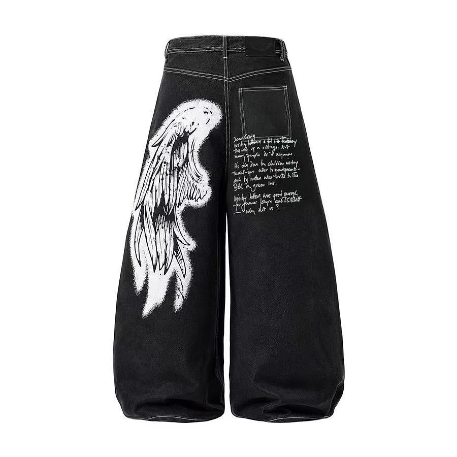 Wing Graphic Script Print Contrast Stitch Baggy Wide Leg Jeans