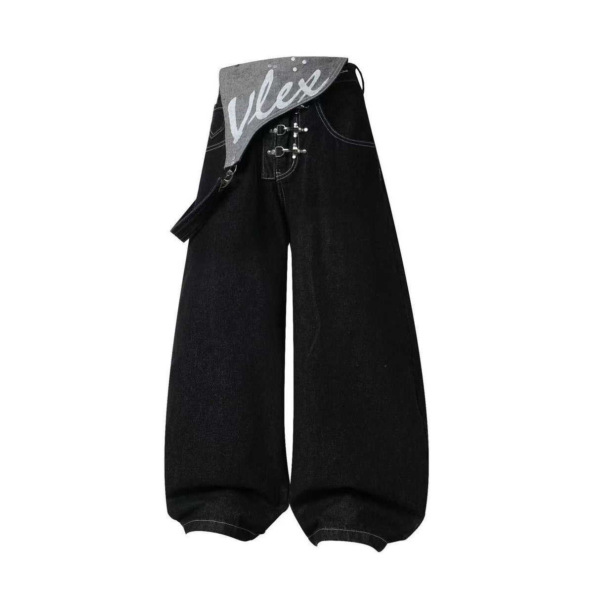 Unisex Detachable Apron Panel Metal Buckle Baggy Wide Leg Jeans