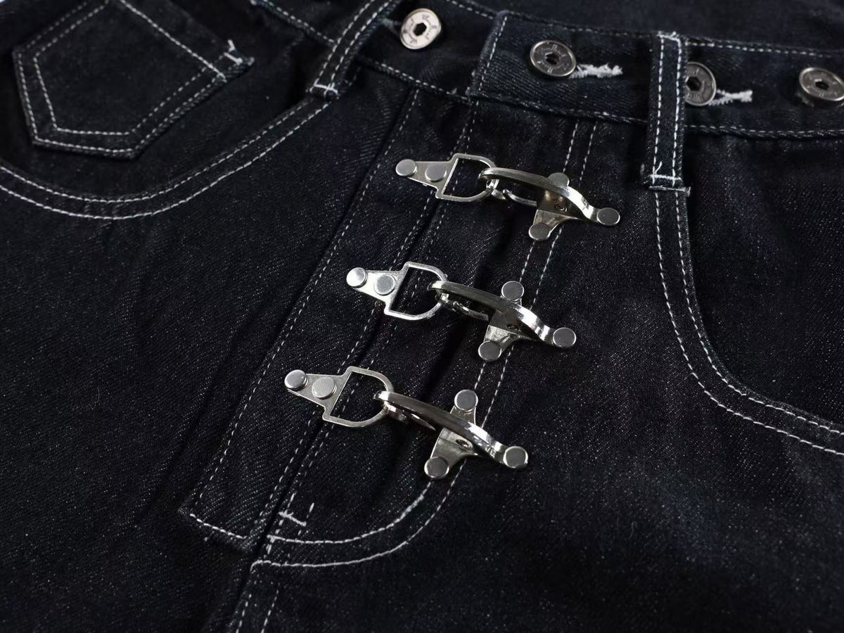 Unisex Detachable Apron Panel Metal Buckle Baggy Wide Leg Jeans