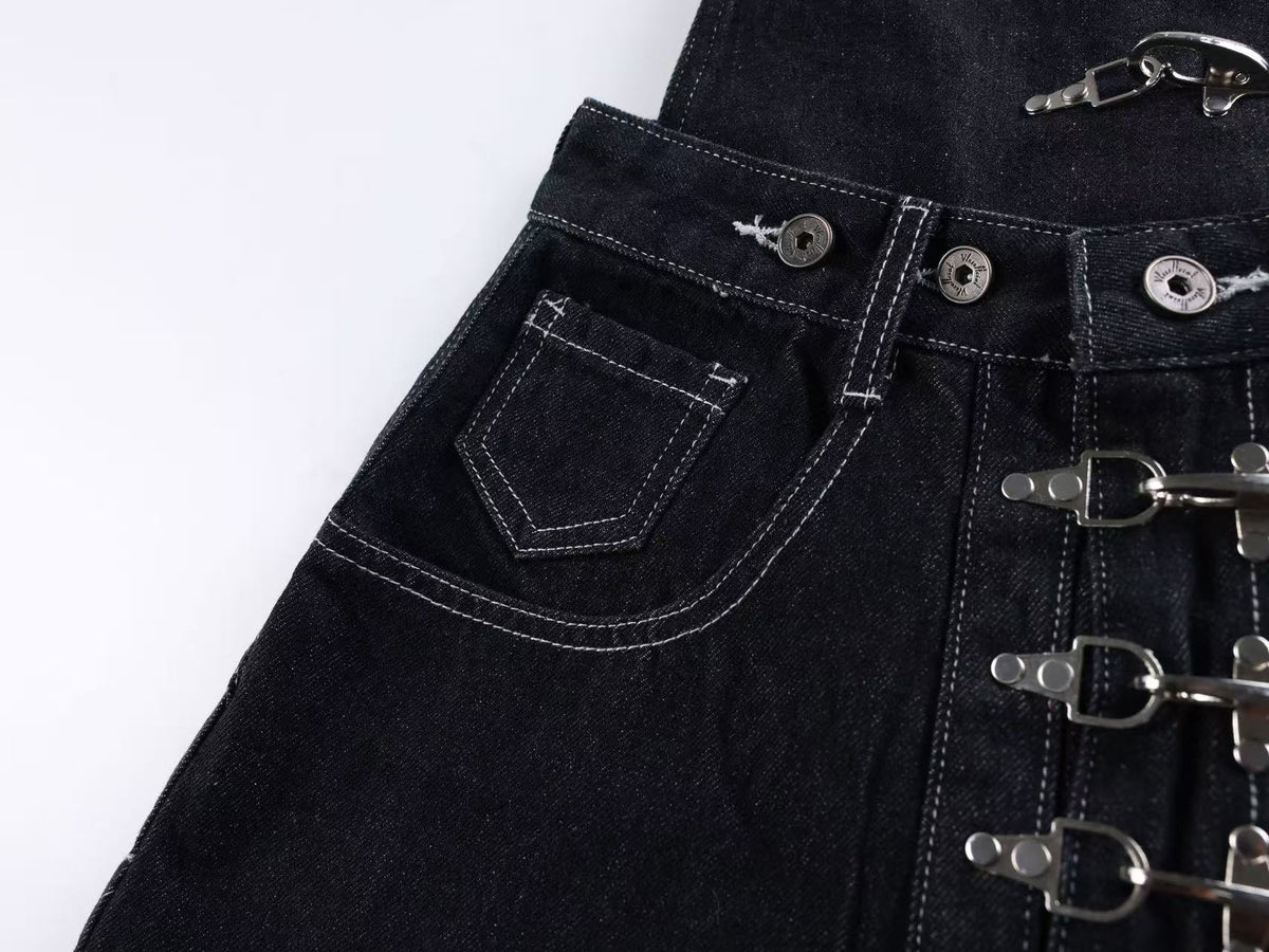 Unisex Detachable Apron Panel Metal Buckle Baggy Wide Leg Jeans