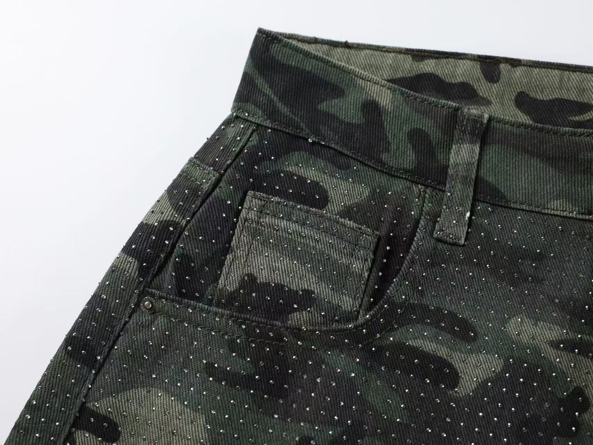Streetwear Camo Rhinestone Baggy Wide Leg Jeans