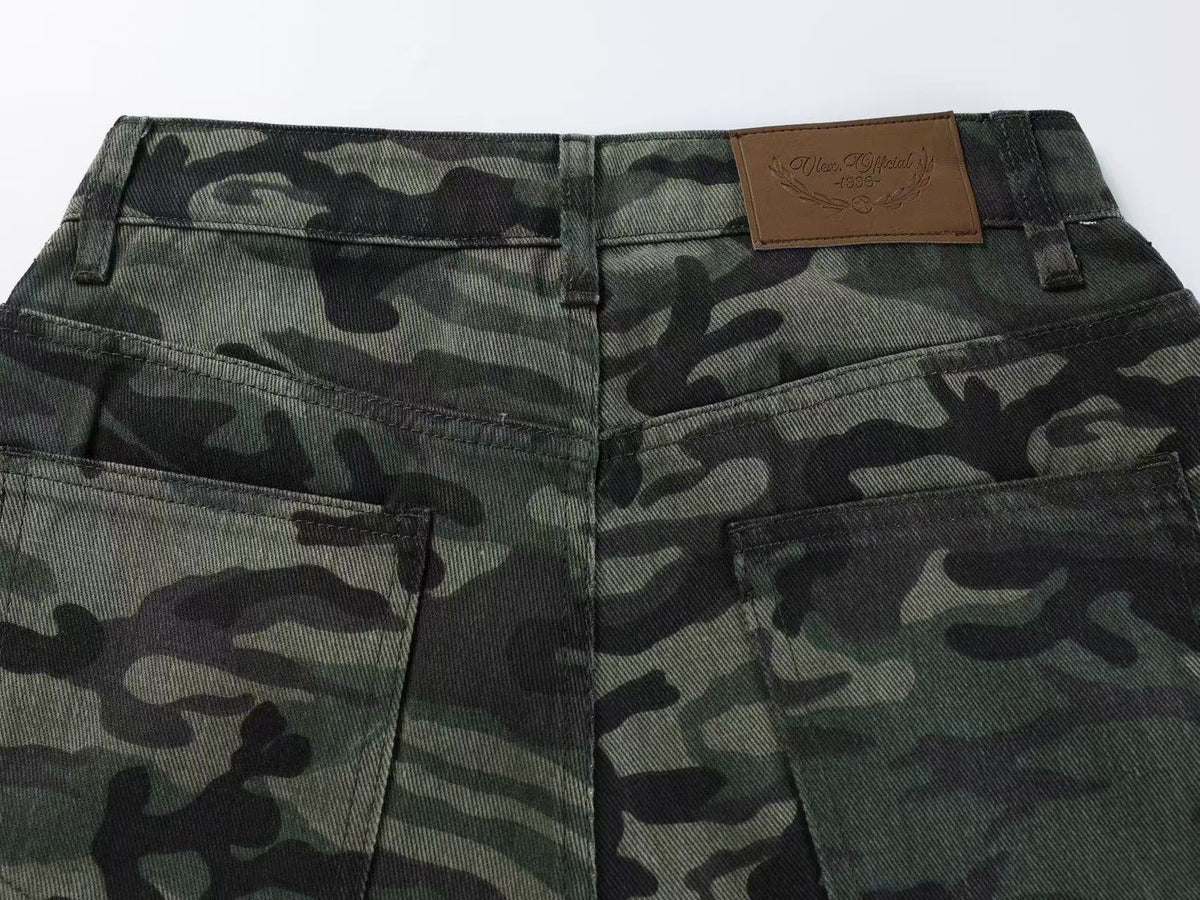 Streetwear Camo Rhinestone Baggy Wide Leg Jeans