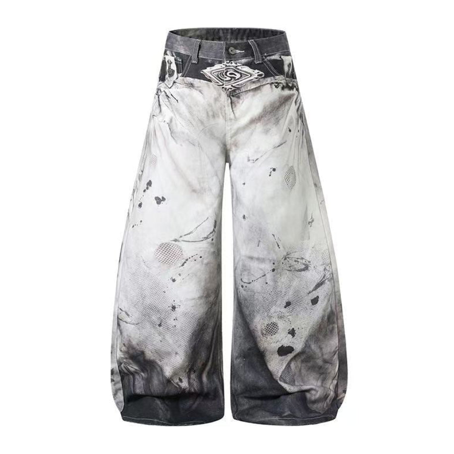 Streetwear Ink Wash Splatter Print Baggy Wide Leg Jeans