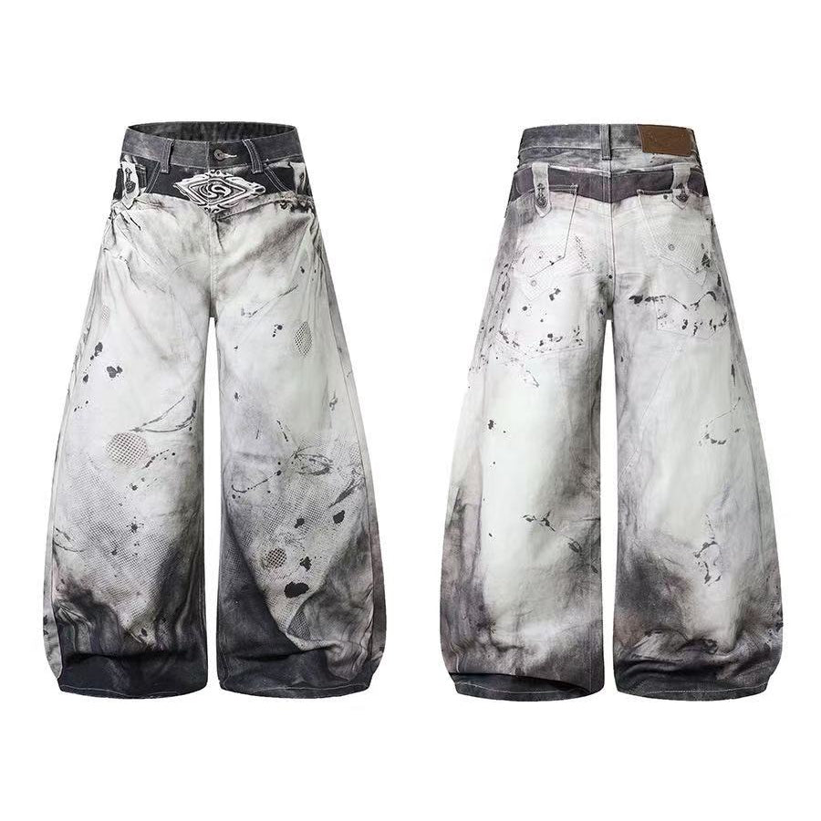 Streetwear Ink Wash Splatter Print Baggy Wide Leg Jeans