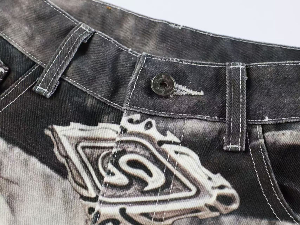 Streetwear Ink Wash Splatter Print Baggy Wide Leg Jeans