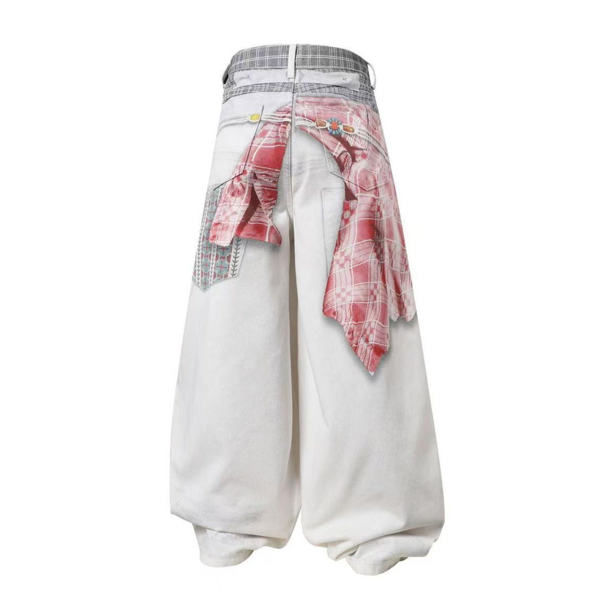 Unisex 3D Plaid Patchwork Bandana Print Baggy Wide Leg Jeans