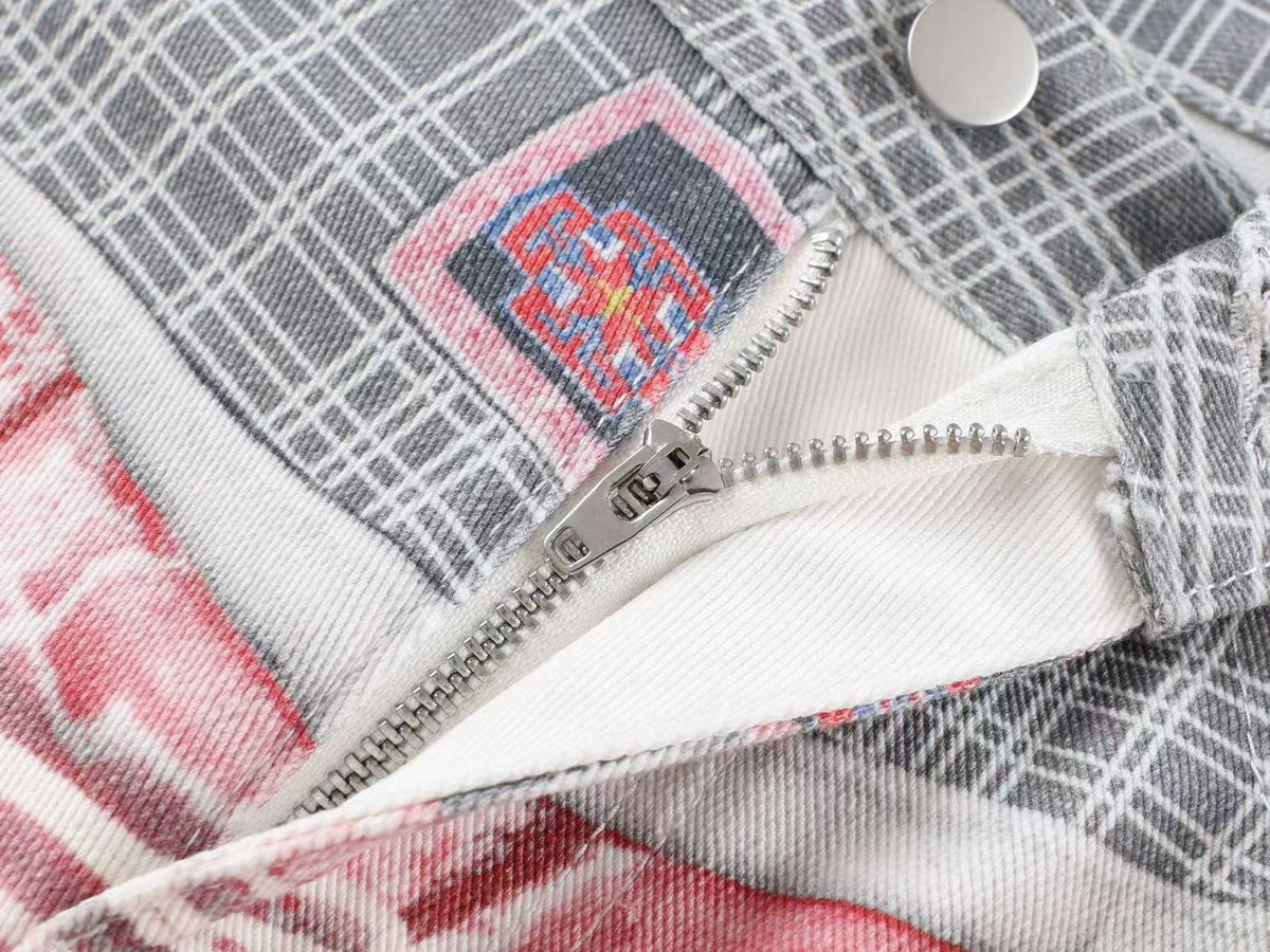 Unisex 3D Plaid Patchwork Bandana Print Baggy Wide Leg Jeans