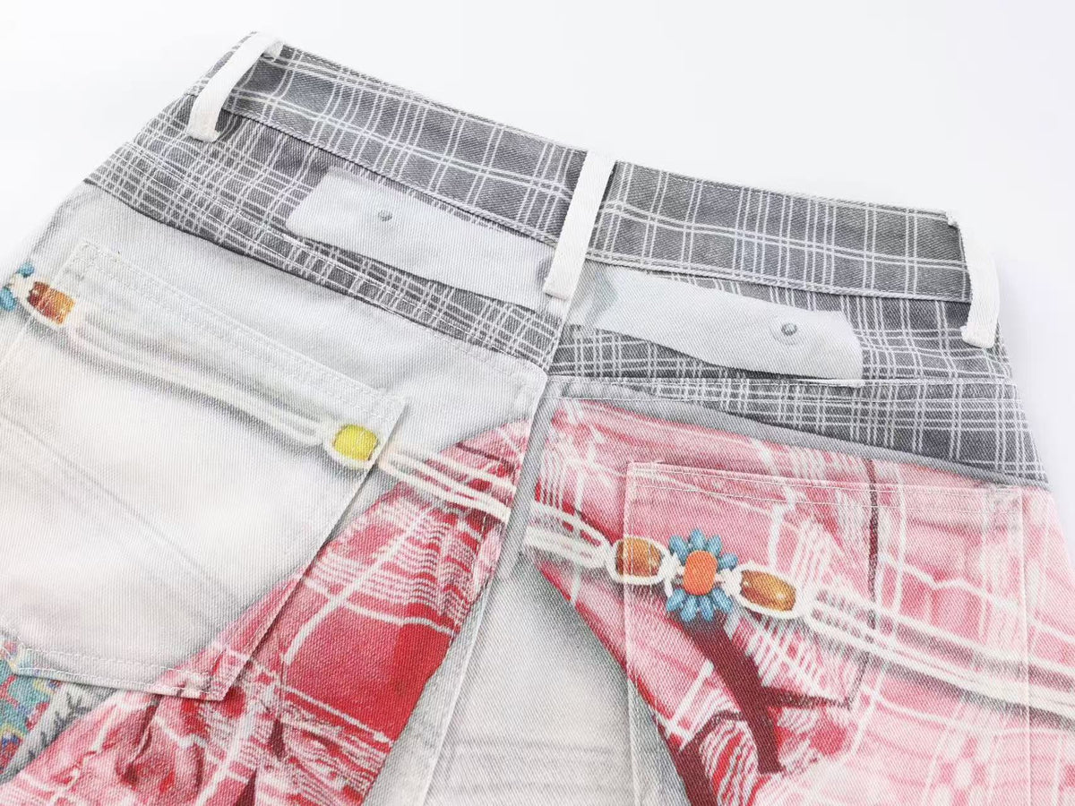 Unisex 3D Plaid Patchwork Bandana Print Baggy Wide Leg Jeans