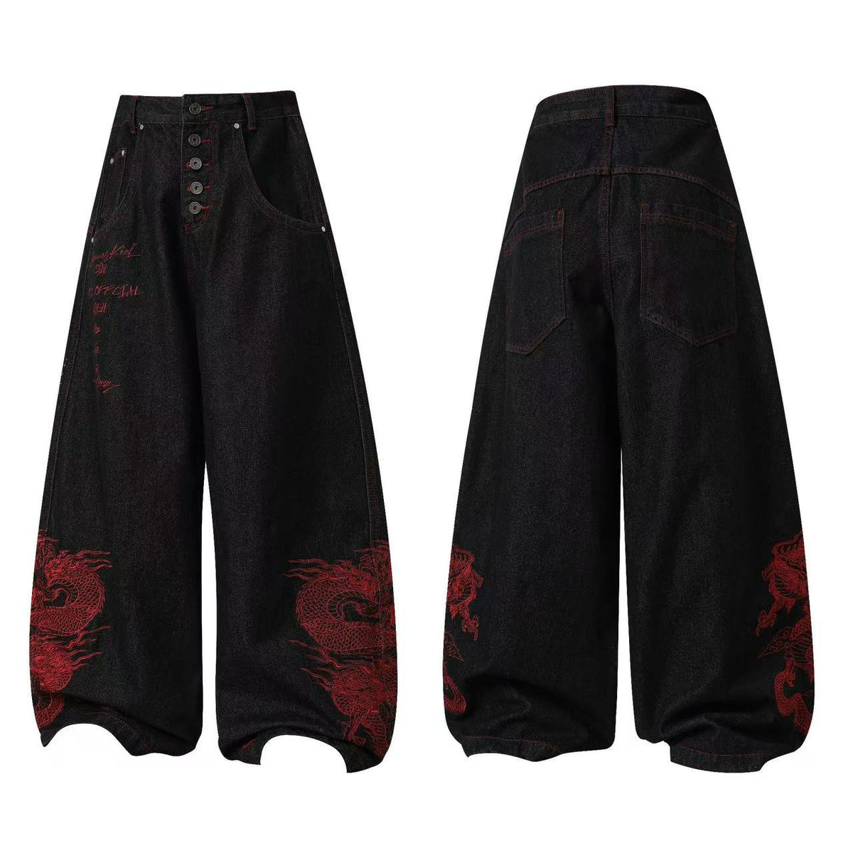 Heavy Red Dragon Totem Embroidery Multi Button Wide Leg Baggy Jeans