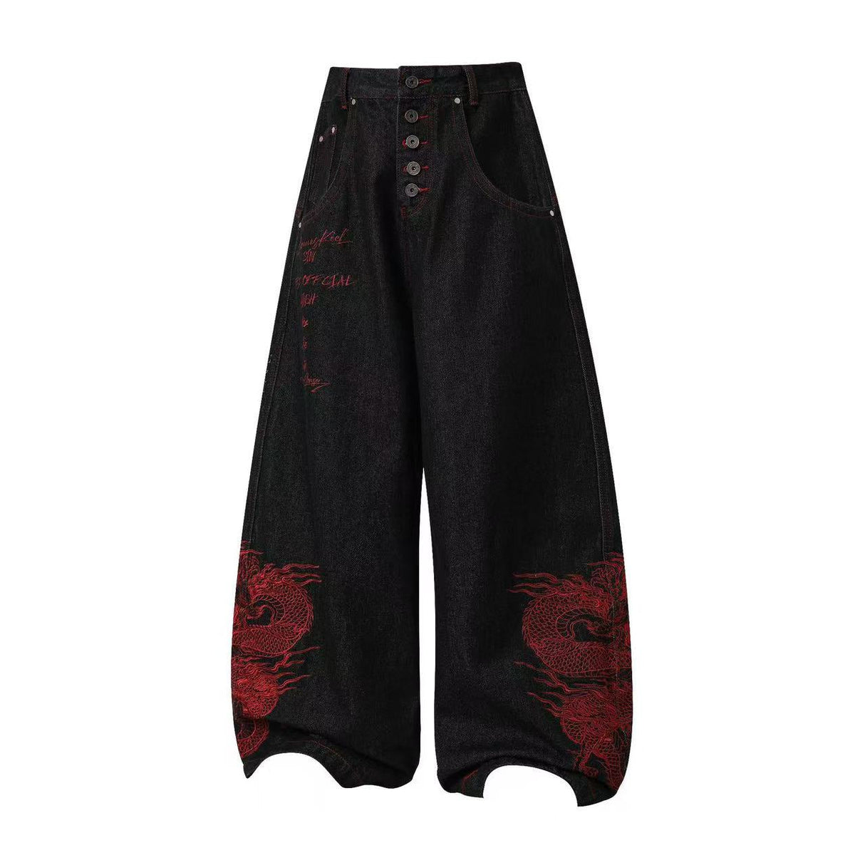 Heavy Red Dragon Totem Embroidery Multi Button Wide Leg Baggy Jeans