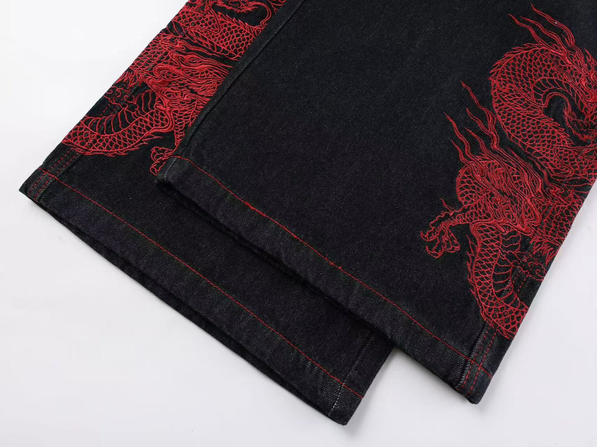 Heavy Red Dragon Totem Embroidery Multi Button Wide Leg Baggy Jeans