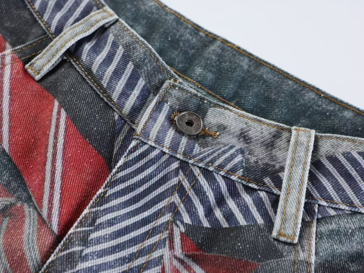 3D Tie & Scarf Print Distressed Baggy Wide Leg Jeans