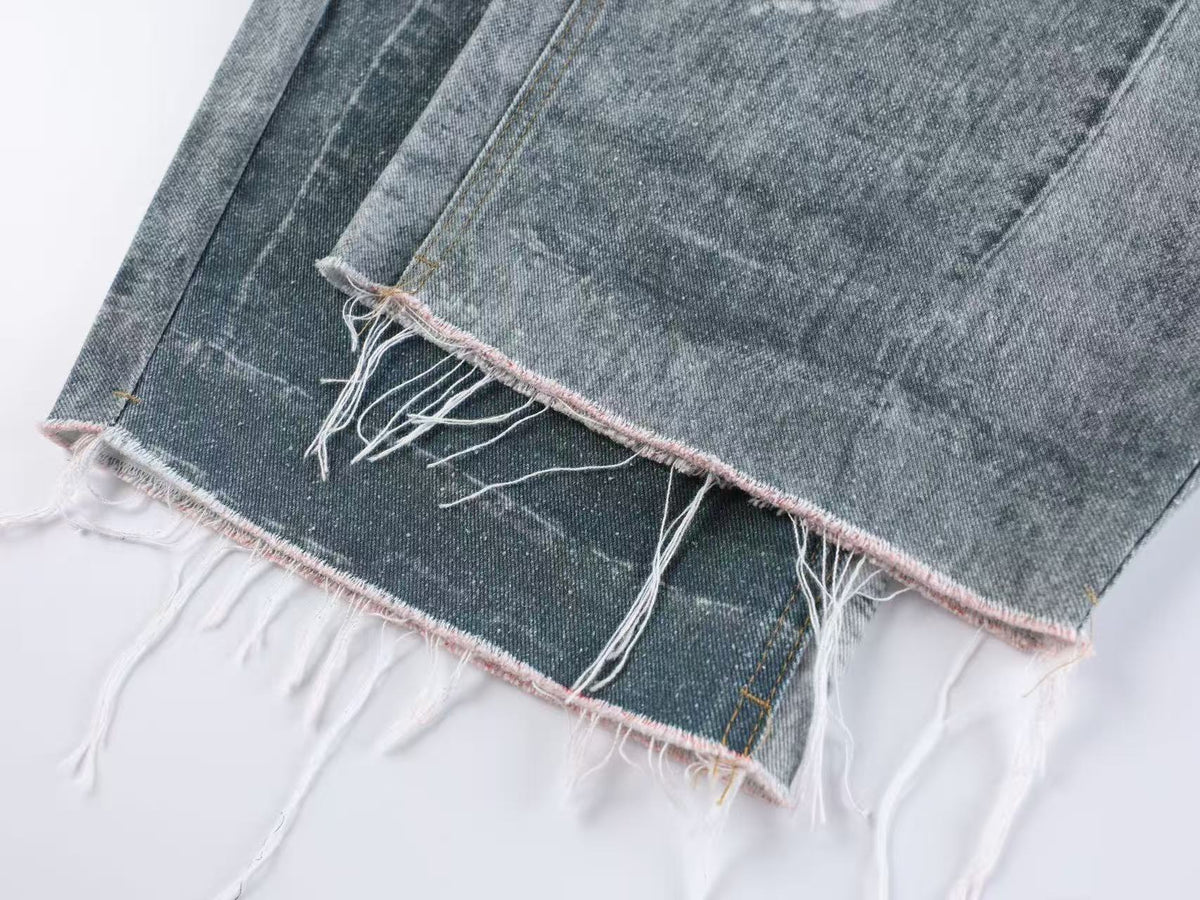 3D Tie & Scarf Print Distressed Baggy Wide Leg Jeans