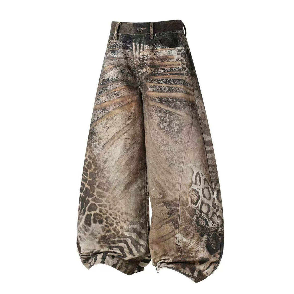 Mixed Animal Print Vintage Wash Baggy Wide Leg Jeans