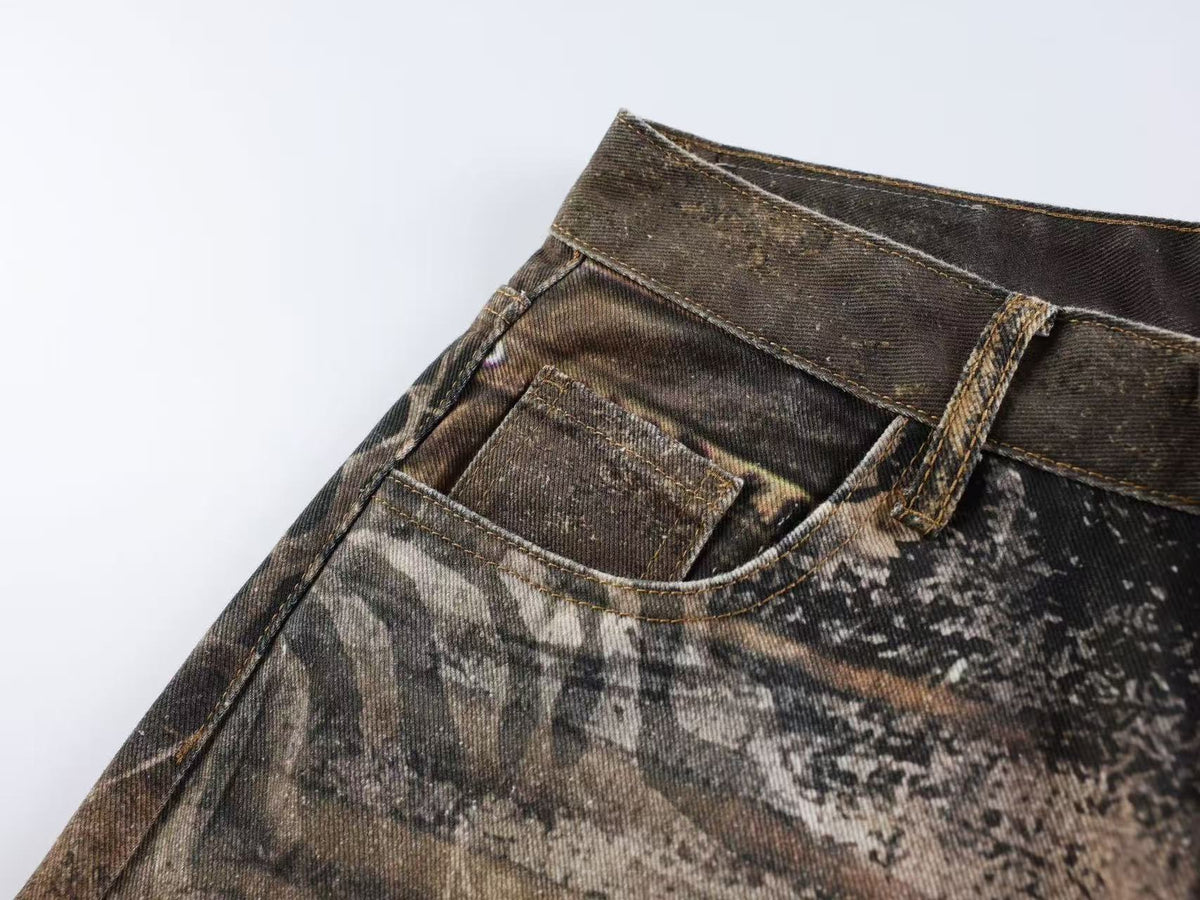 Mixed Animal Print Vintage Wash Baggy Wide Leg Jeans