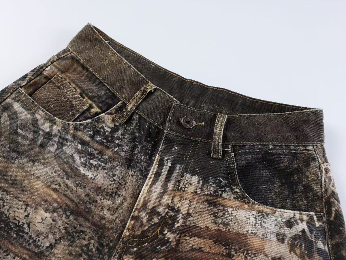 Mixed Animal Print Vintage Wash Baggy Wide Leg Jeans