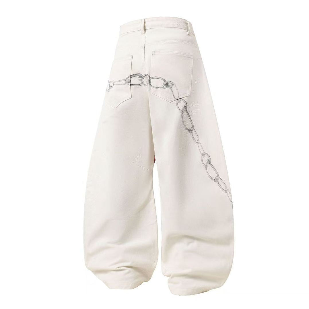 3D Chain & Graphic Print Baggy Wide Leg Balloon Jeans