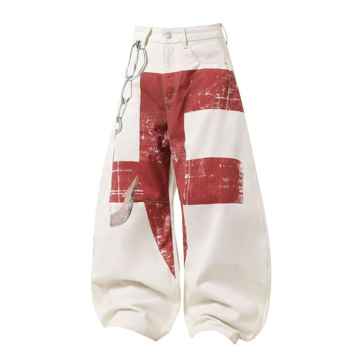 3D Chain & Graphic Print Baggy Wide Leg Balloon Jeans