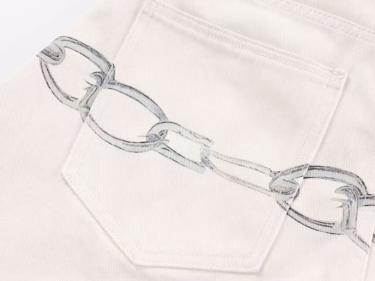 3D Chain & Graphic Print Baggy Wide Leg Balloon Jeans