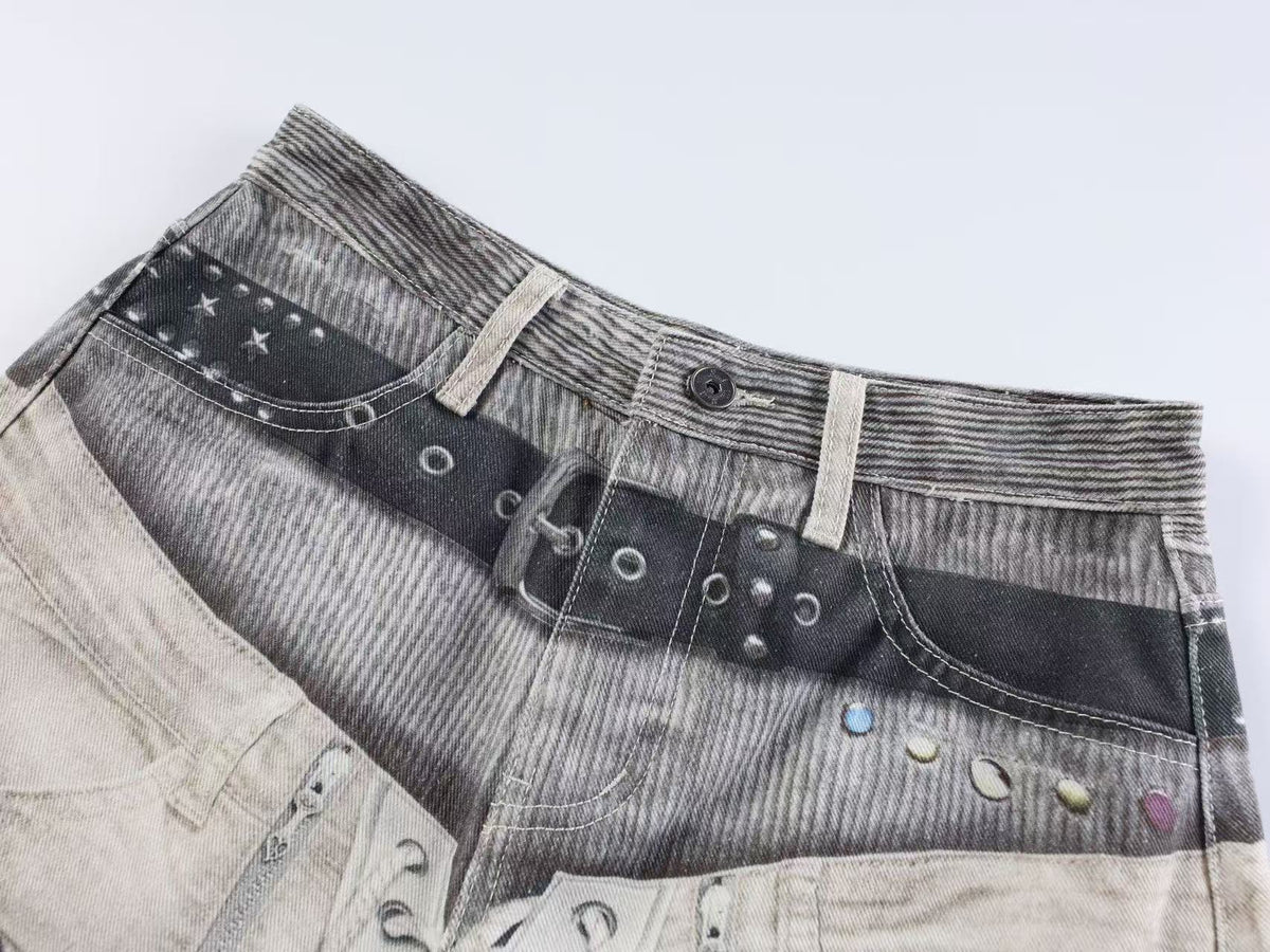 3D Multi Layer Belt & Lace-Up Print Distressed Baggy Wide Leg Jeans