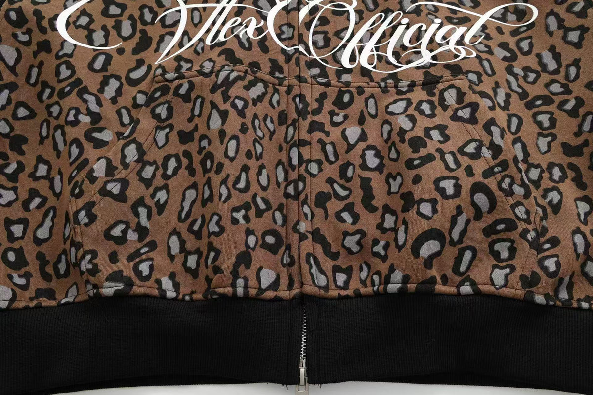 Unisex Leopard Print Color Block Zip-Up Hoodie