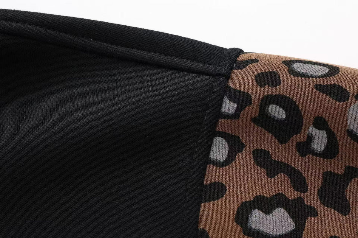 Unisex Leopard Print Color Block Zip-Up Hoodie