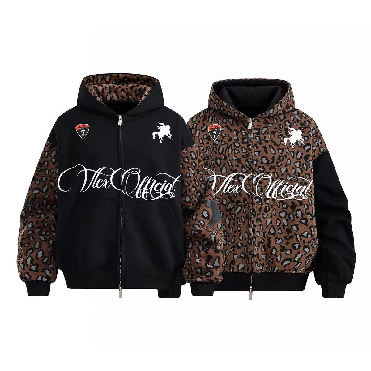 Unisex Leopard Print Color Block Zip-Up Hoodie