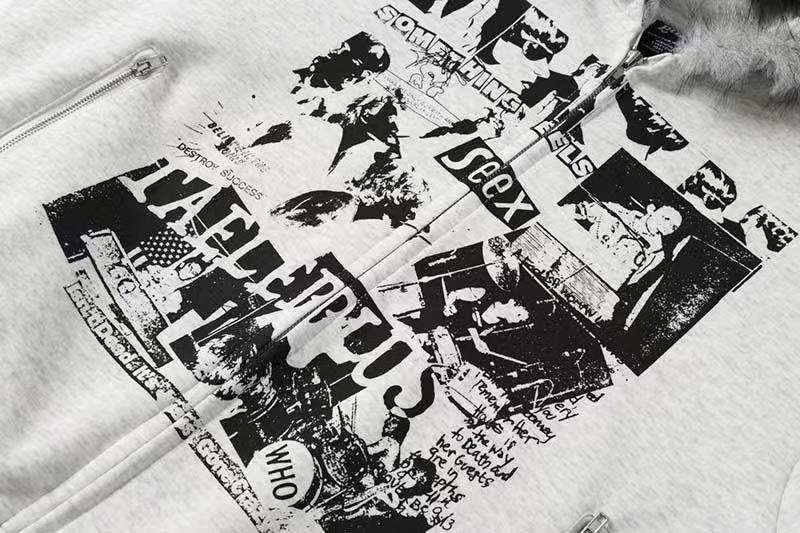 Vintage Newspaper Collage Graphic Print Furry Trim Zip Up Hoodie