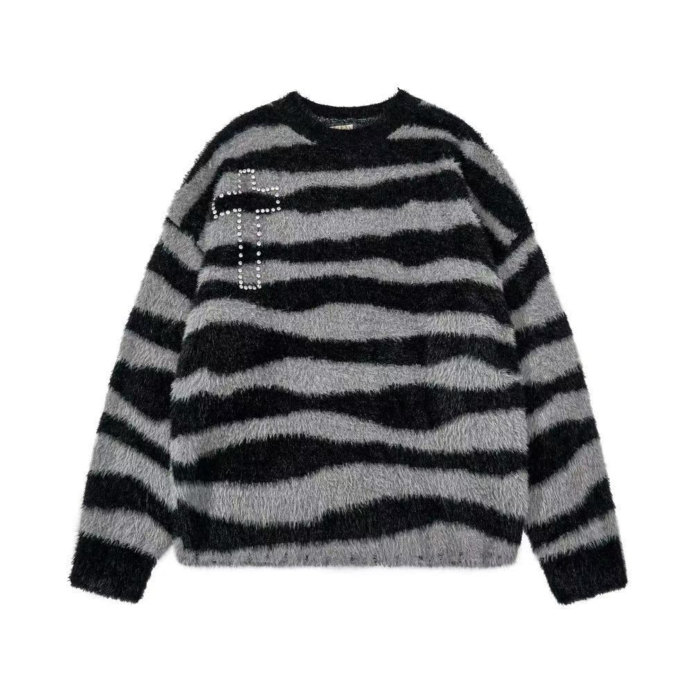 Unisex Rhinestone Cross Graphic Striped Fuzzy Knit Sweater
