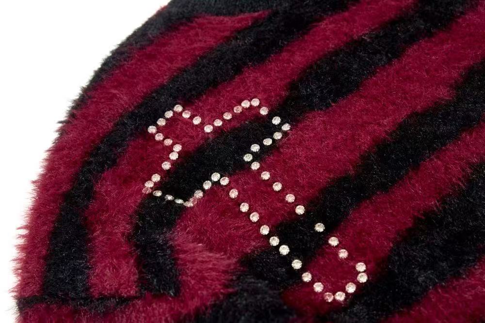 Unisex Rhinestone Cross Graphic Striped Fuzzy Knit Sweater