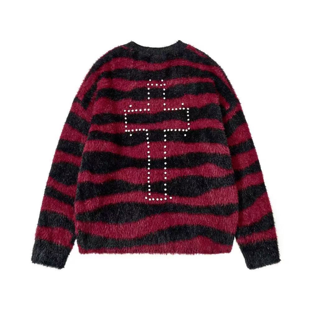 Unisex Rhinestone Cross Graphic Striped Fuzzy Knit Sweater