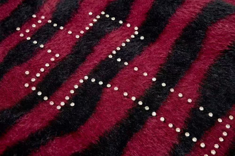 Unisex Rhinestone Cross Graphic Striped Fuzzy Knit Sweater