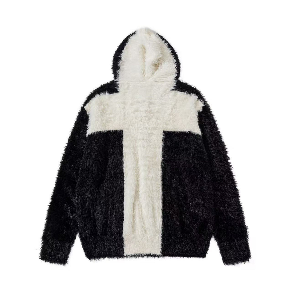 Unisex Faux Fur Contrast Cross Patch Zip Up Hooded Sweater