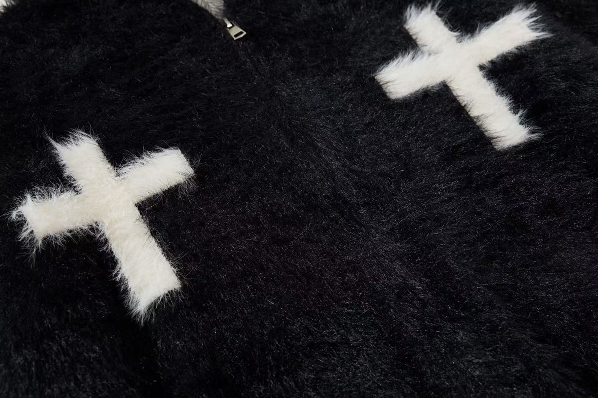 Unisex Faux Fur Contrast Cross Patch Zip Up Hooded Sweater