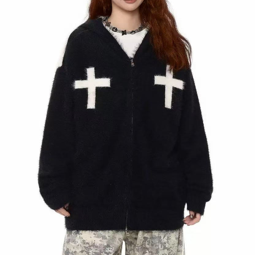 Unisex Faux Fur Contrast Cross Patch Zip Up Hooded Sweater