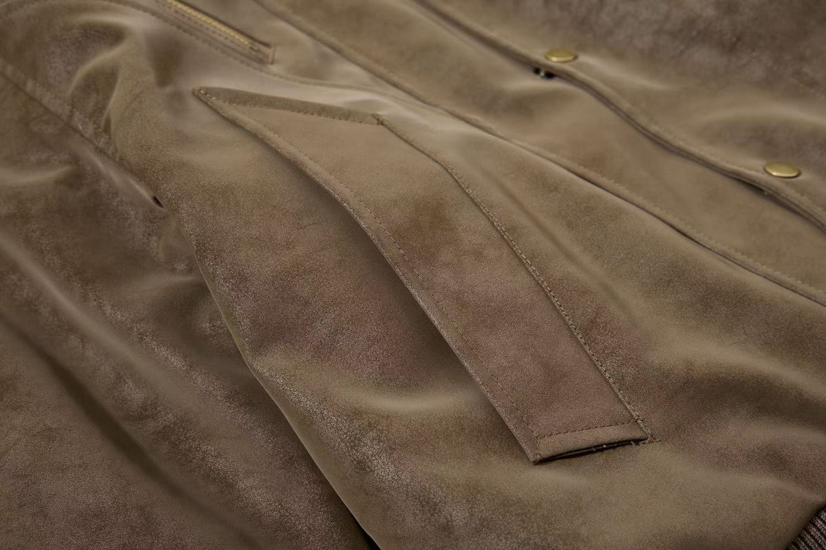 Vintage Faux Suede Furry Collar Quilted Liner Bomber Jacket