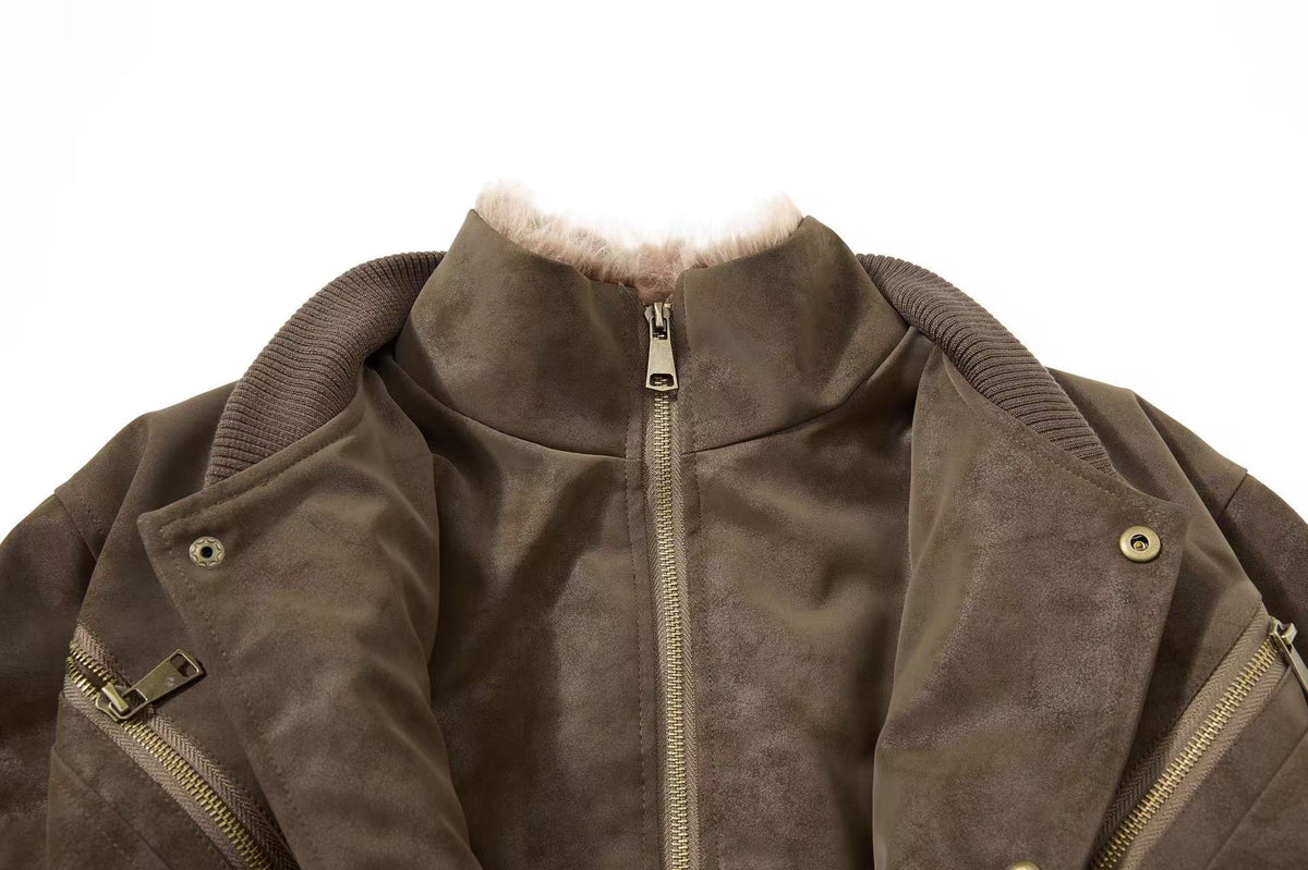 Vintage Faux Suede Furry Collar Quilted Liner Bomber Jacket
