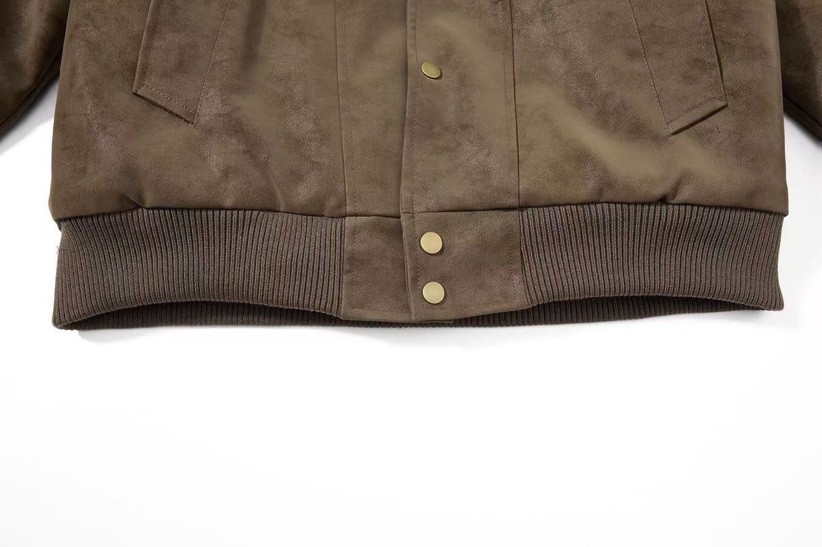 Vintage Faux Suede Furry Collar Quilted Liner Bomber Jacket
