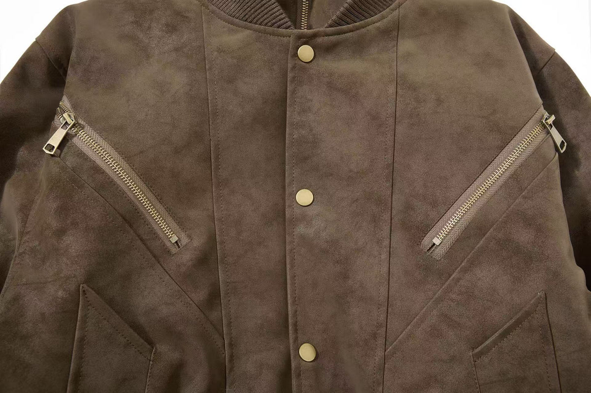 Vintage Faux Suede Furry Collar Quilted Liner Bomber Jacket