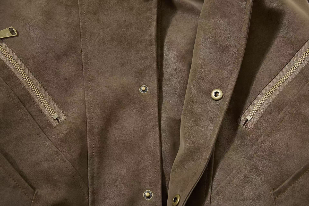 Vintage Faux Suede Furry Collar Quilted Liner Bomber Jacket