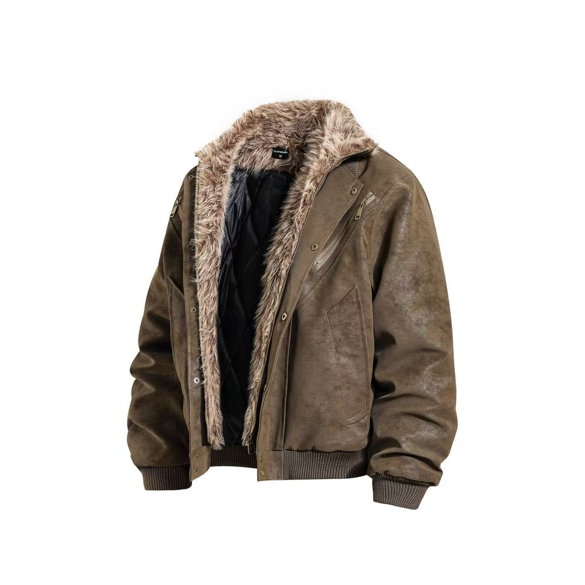 Vintage Faux Suede Furry Collar Quilted Liner Bomber Jacket