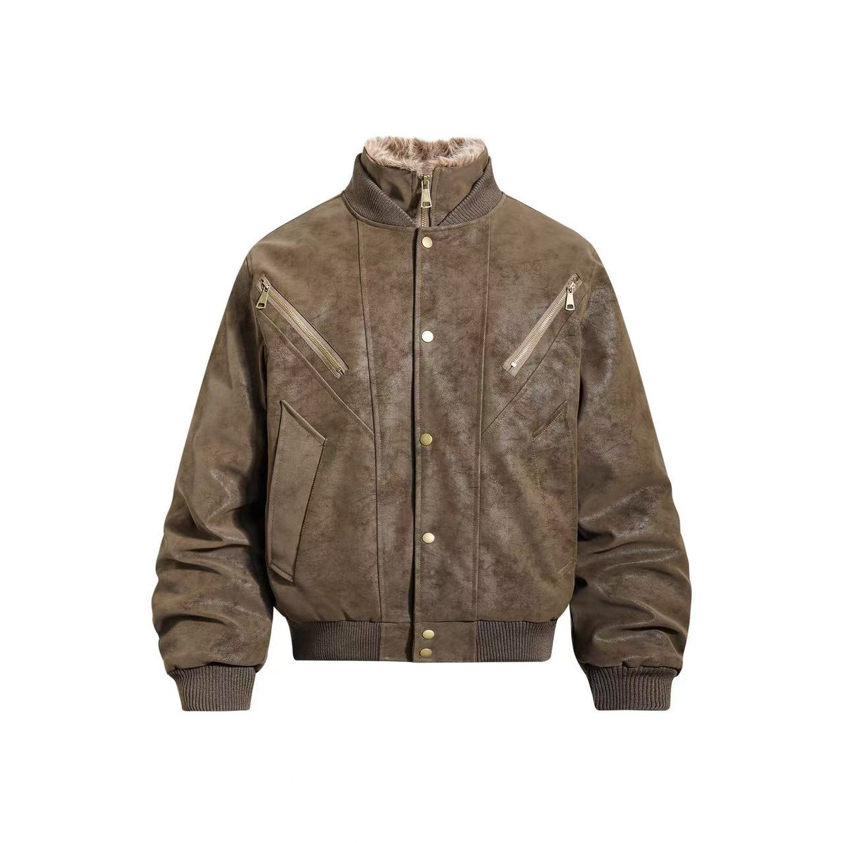 Vintage Faux Suede Furry Collar Quilted Liner Bomber Jacket