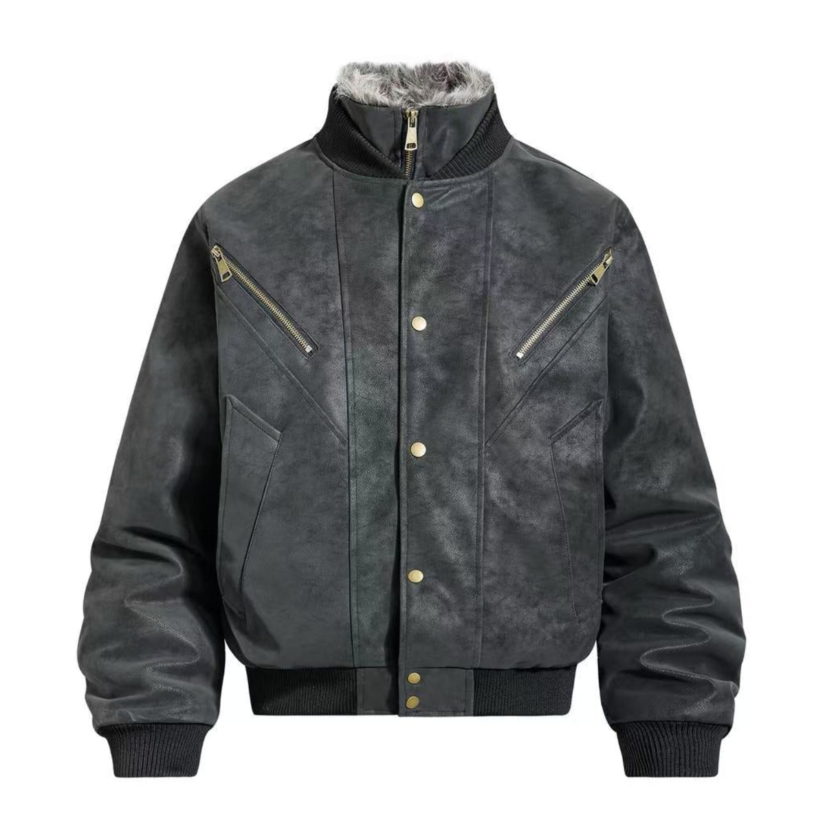 Vintage Faux Suede Furry Collar Quilted Liner Bomber Jacket