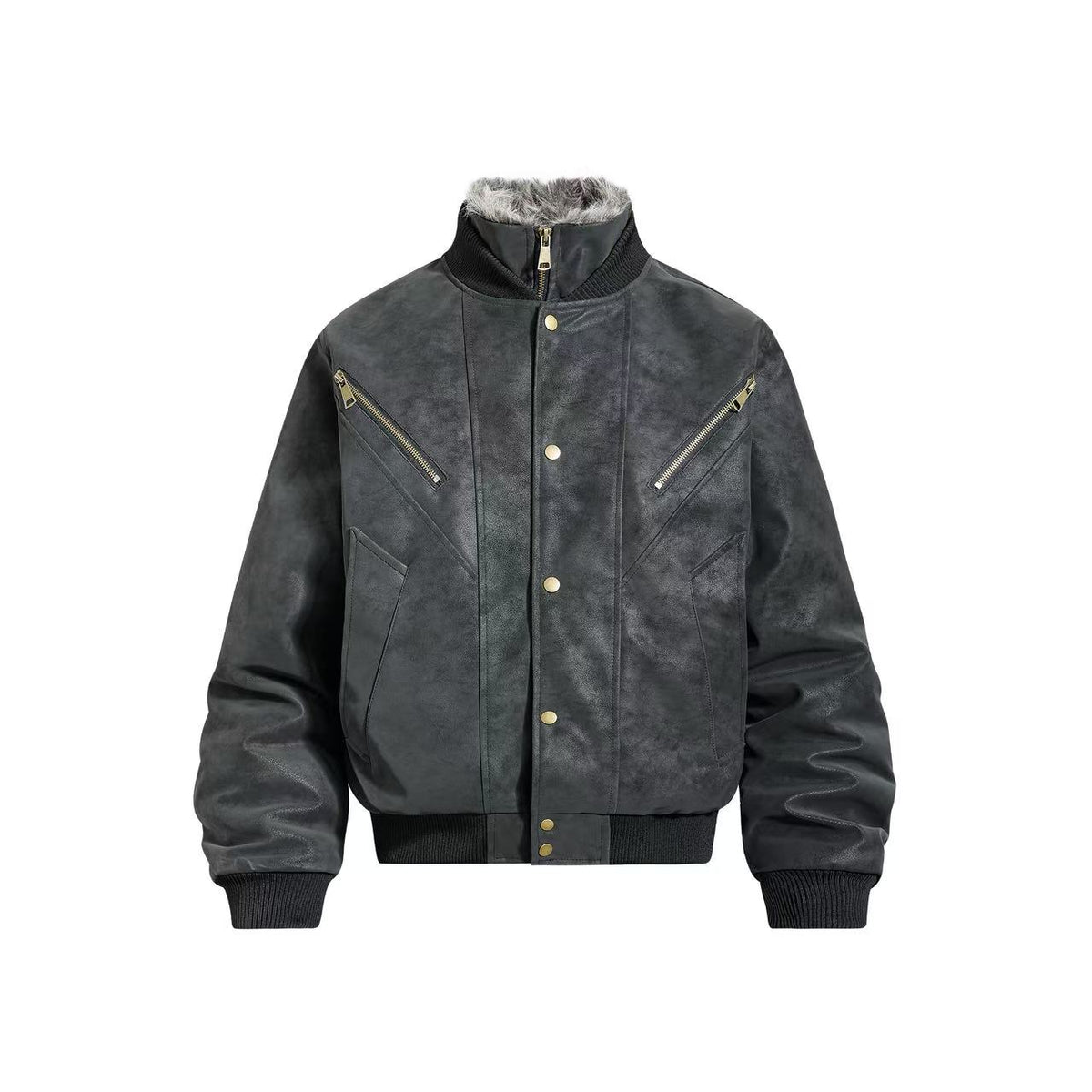 Vintage Faux Suede Furry Collar Quilted Liner Bomber Jacket
