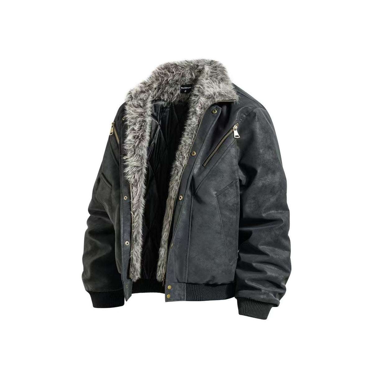 Vintage Faux Suede Furry Collar Quilted Liner Bomber Jacket