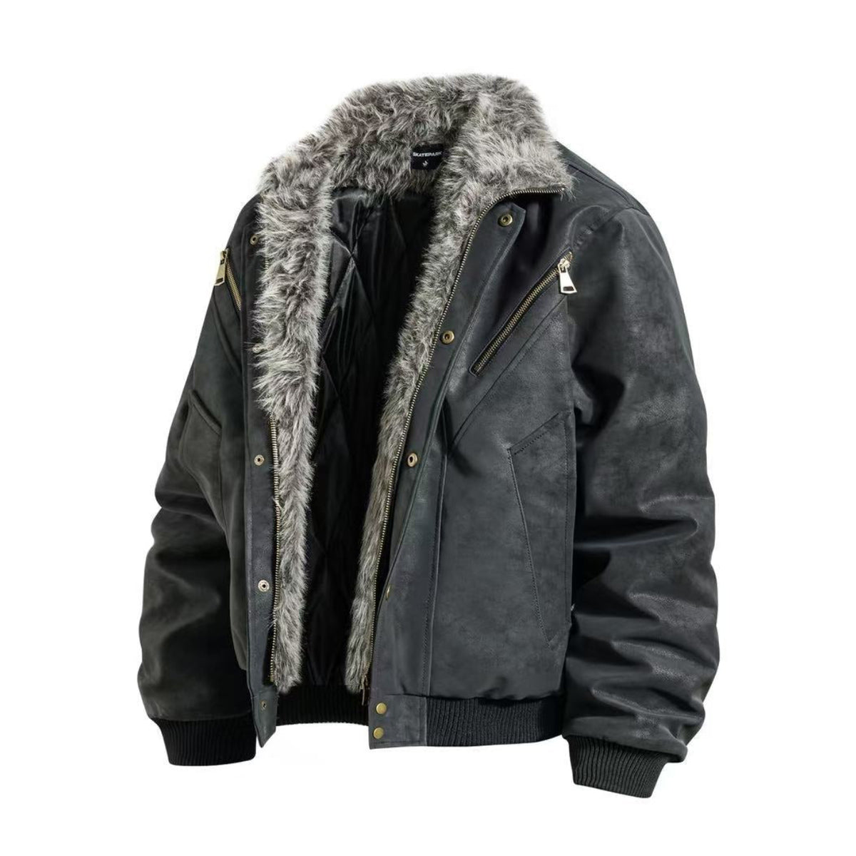 Vintage Faux Suede Furry Collar Quilted Liner Bomber Jacket
