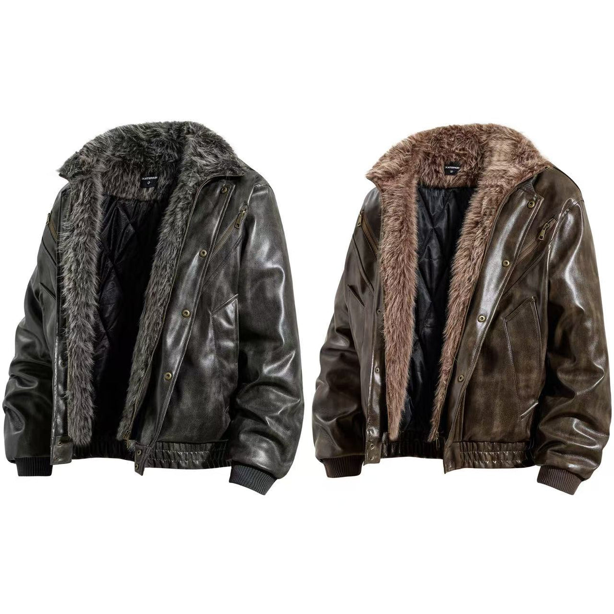 Vintage Washed Faux Leather Furry Collar Quilted Bomber Jacket