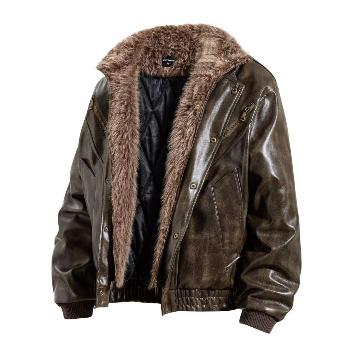 Vintage Washed Faux Leather Furry Collar Quilted Bomber Jacket